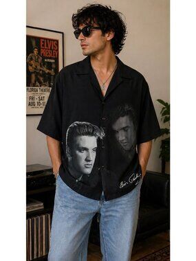 Elvis Presley Shirt XL Black Graphic Button Up Rock Retro Fan